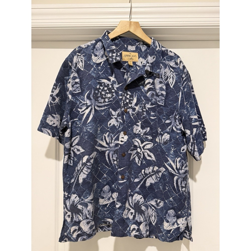 Havana Jack Men's XL 100% Blue Silk Hawaiian Shirt Tropical Button Down
